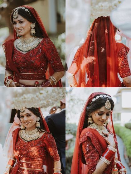 A four-part collage of a bride in a classic red lehenga, capturing her entrance and radiant smiles.
