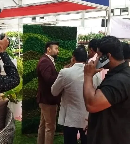 Our team being interviewed at the HortiProIndia exhibition. We are always excited to share our passion for green innovation and landscape design with a wider audience.