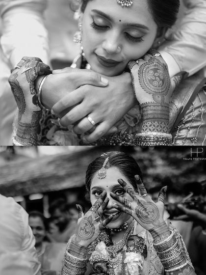 A black and white collage capturing the bride's emotions and beautiful henna details.