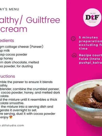 A healthy, guilt-free ice cream recipe that takes only 5 minutes to prepare. Made with paneer, cocoa, and honey, it's the perfect way to satisfy your sweet cravings.