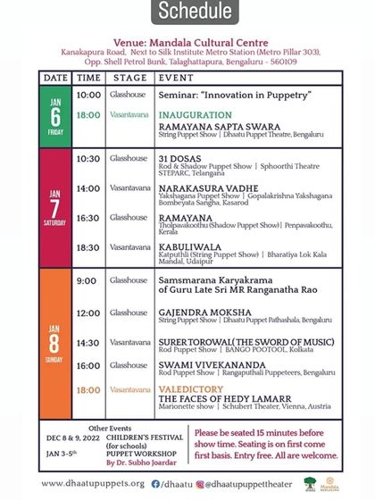 The full schedule for the Dhaatu International Puppet Festival 2023, showcasing a diverse lineup of puppetry styles and stories.