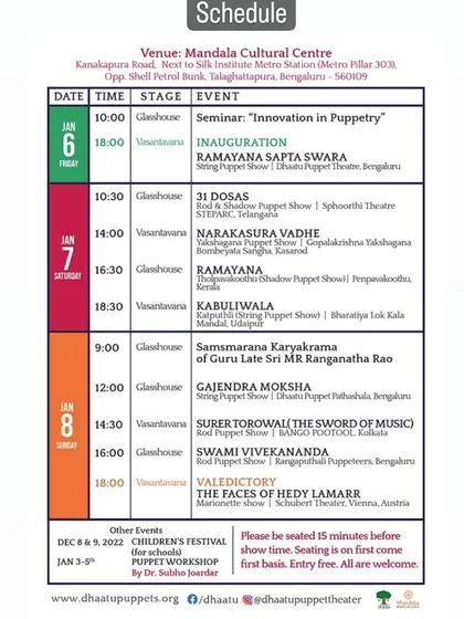 The full schedule for the Dhaatu International Puppet Festival 2023, showcasing a diverse lineup of puppetry styles and stories.