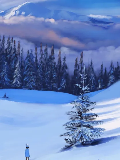 A lone figure in a vast, snowy landscape. This digital painting evokes a sense of peace and solitude, showcasing my ability to create atmospheric and emotive winter scenes.
