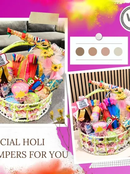 A collage showcasing my special Holi hamper from different angles. It highlights the vibrant colors and variety of items inside, from the thandai bottle to the colorful decorations, promising a fun celebration.