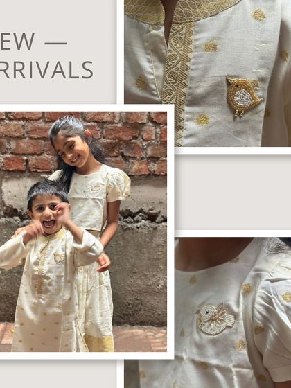 New arrivals for your favorite duo! This collage showcases our cream and gold buti print sets, featuring an adorable hand-embroidered bird brooch for that extra special touch.