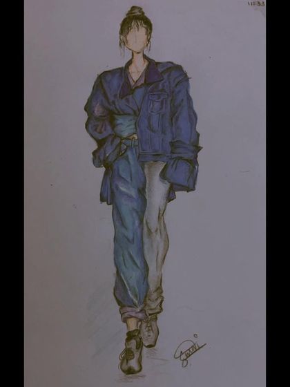 A clearer image of my denim-inspired fashion illustration. I love playing with proportions and layering in my sketches.