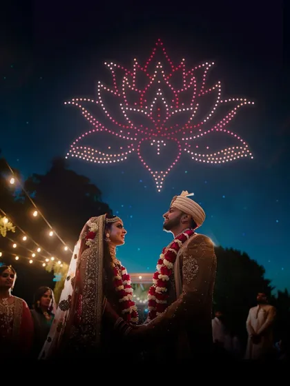 For a truly unforgettable Indian wedding, I can fill the sky with culturally significant symbols like this glowing lotus flower, creating a breathtaking backdrop for your ceremony. This is more than entertainment; it's a statement piece for your special day.
