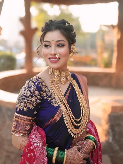 We have a special love for our Maharashtrian brides. This look celebrates tradition with a classic nauvari saree, complemented by radiant makeup that enhances her natural beauty and joyful smile.