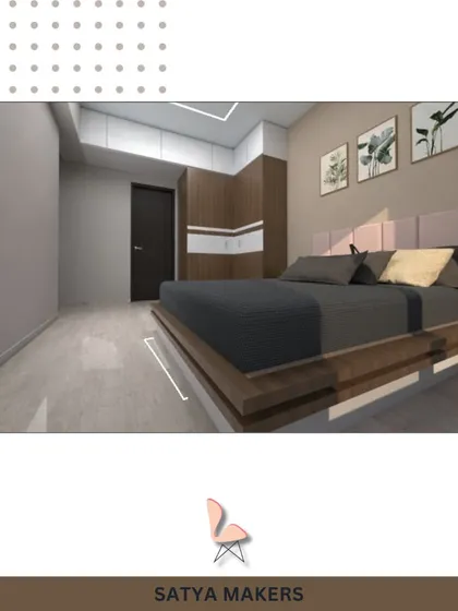 A bedroom concept with a platform bed and a neutral color scheme.