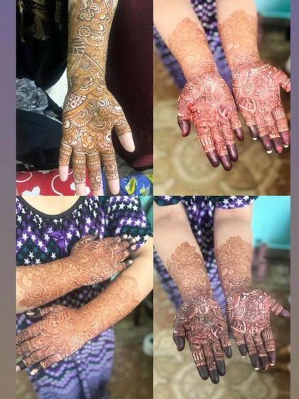 A collage showing the henna journey. You can see the design with fresh paste and then the beautiful, rich stain it leaves behind on the hands and arms.