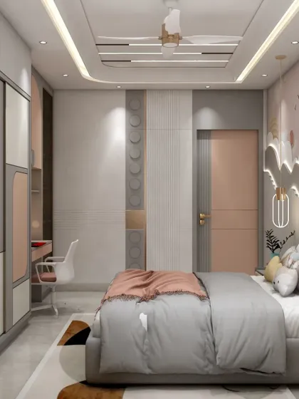 A different angle of the kids' room, showing the seamless integration of the wardrobe and the door. The consistent color scheme creates a harmonious and calming space.