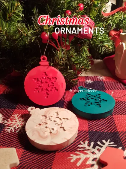 These are our first-ever handmade Christmas ornaments. We crafted these from Jesmonite in festive colors, with a delicate snowflake cutout. They are lightweight and perfect for hanging on a tree or using as decorative tags for gifts.
