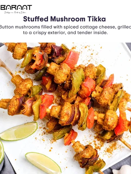 A skewer of my Stuffed Mushroom Tikka, with colorful peppers and onions, grilled to perfection.