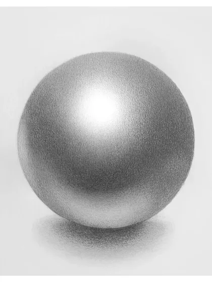A study of a metallic sphere. Here, the focus shifts to creating sharp highlights and reflections to give the illusion of a shiny, polished surface.