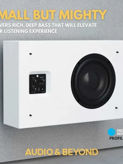 This Gallo Acoustics ProfileSub is small but mighty. Designed for on-wall mounting, it delivers rich, deep bass that will elevate your listening experience, all from a slim and discreet package that blends into your room.