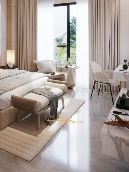 The room includes a functional and stylish workspace with a marble-topped desk, demonstrating how we seamlessly integrate different needs within a single, cohesive design.