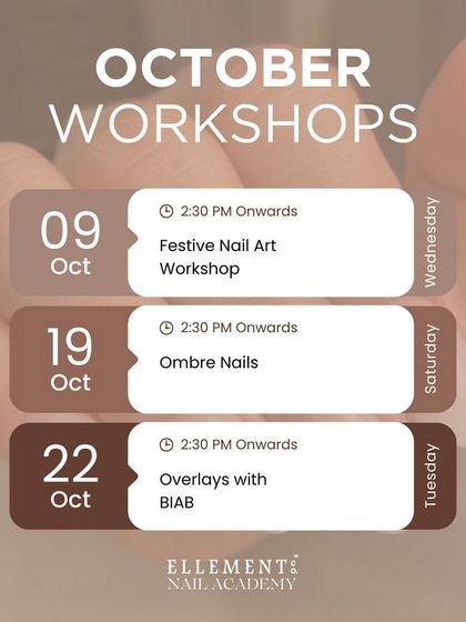 Our October workshops are perfect for leveling up your skills. Join us for a Festive Nail Art session, an Ombré Nails class, or our popular Overlays with BIAB workshop.