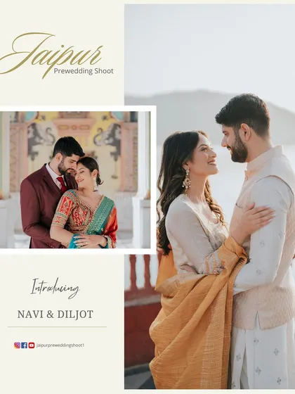 An introductory image for Navi and Diljot, featuring a romantic moment from their sunrise shoot at Jal Mahal.