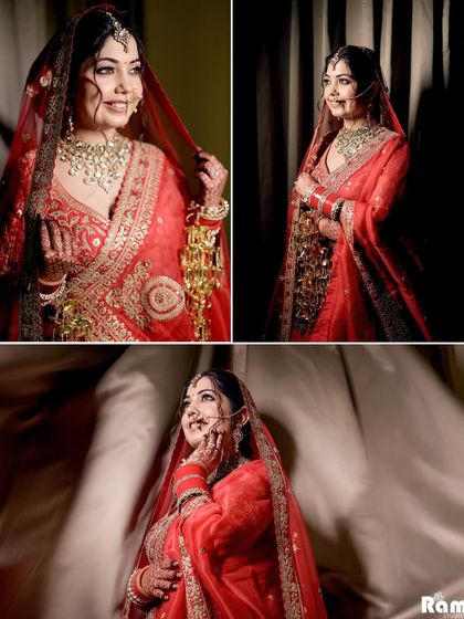 A collage of the bride's portraits, capturing her happy smiles and the intricate details of her jewelry and veil.