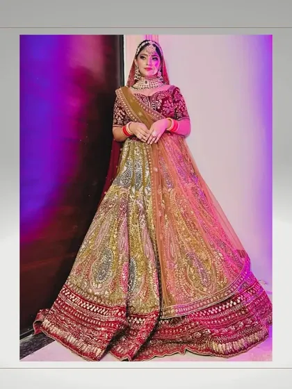 A full-length view of the stunning multi-toned bridal lehenga.