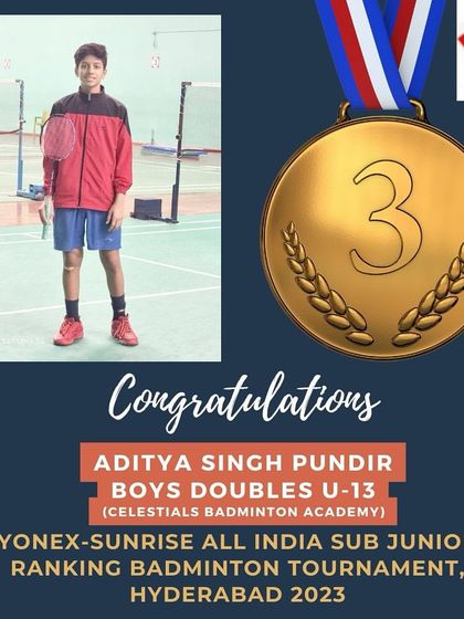 We congratulate Aditya Singh Pundir on winning the bronze medal in the Boys Doubles U-13 category at the Yonex-Sunrise All India Sub Junior Ranking Tournament in Hyderabad.