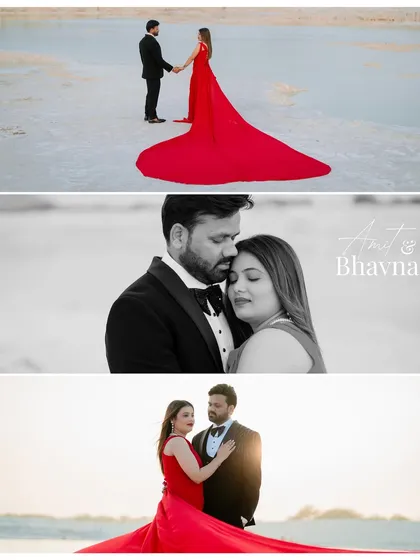 A collage of Amit and Bhavna's dramatic shoot, including a beautiful black-and-white close-up that focuses on their connection amidst the epic scenery.