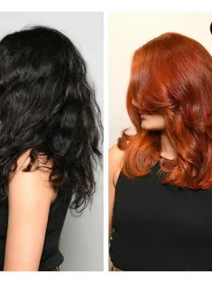 A before-and-after profile view of a global color transformation. We took the client from dark, wavy hair to a vibrant, all-over copper red with a sleek blowout.