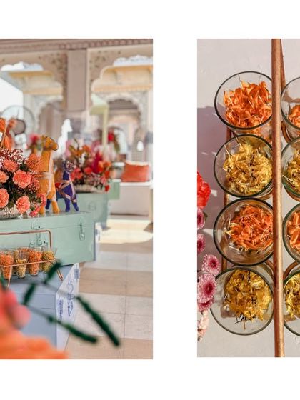 More details from the Mehendi, showing the flower-filled cones for guests and the bowls of fresh petals, ready for a joyful celebration.