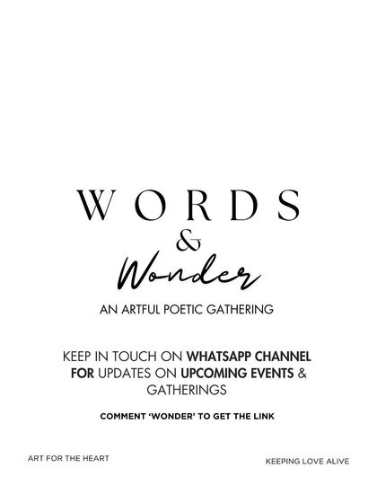 An artful graphic for 'Words & Wonder', directing people to my WhatsApp channel for updates on upcoming events.