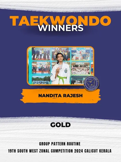 Nandita Rajesh earned a Gold medal for her performance in the Group Pattern Routine. This highlights our focus on precision, form, and teamwork in Taekwondo patterns (Tul).