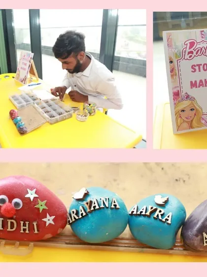 A unique party activity: personalized stone making. Kids get to take home a special souvenir with their name on it.