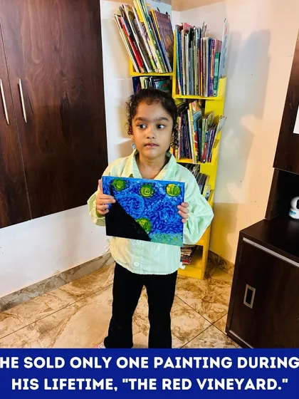 As part of our Van Gogh workshop, kids learn interesting facts about the artist's life while creating their own art. This little one learned that he only sold one painting in his lifetime.