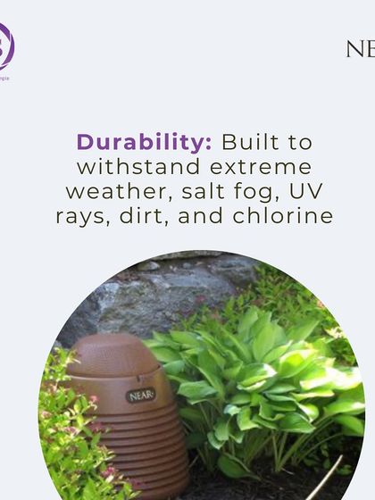 This image highlights the durability of NEAR speakers, which are built to withstand extreme weather, salt fog, UV rays, and dirt. They are the perfect audio solution for poolside or garden installations.