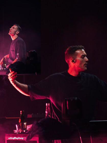 A collage of Ben Böhmer during his live set, showing his expressive performance style and the moody, red-lit stage.