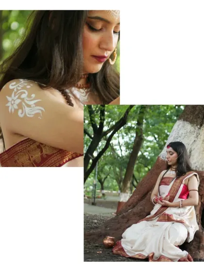 A dual-frame look at our Parvati concept, showing a close-up of the shoulder body art alongside a full-body shot of the model in meditative pose by a tree.
