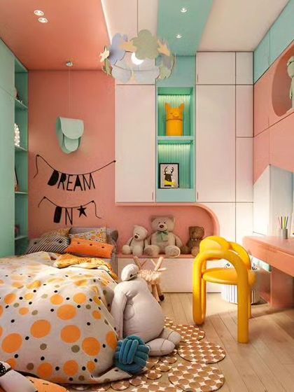 A whimsical and colorful kids' room in pastel pink and mint green. The design features custom arched shelving, a cozy bed nook, and a dedicated desk area, creating a dream space for any child.