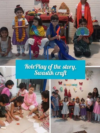 This collage shows the different parts of our mythology workshop: role-play, a Swastik craft activity, and a group photo of all our little actors.