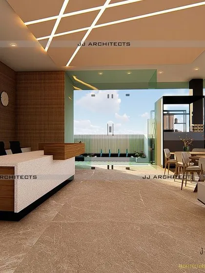 A 3D render for a commercial reception and waiting lounge. The design features a modern reception desk, stylish ceiling lights, and a seamless connection to the outdoors.