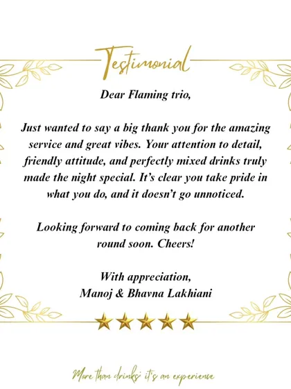 "Your attention to detail, friendly attitude, and perfectly mixed drinks truly made the night special." Feedback like this from our clients is our greatest achievement and motivates our commitment to exceptional service.