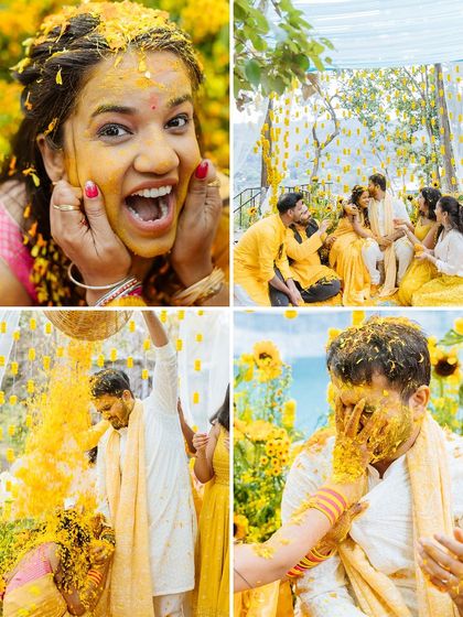 More fun and candid moments from a Haldi, showing the bride's expressive joy and the groom getting covered in turmeric.