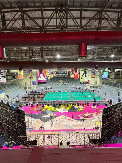 A bird's eye view of the massive setup for a major BGMI e-sports tournament. This demonstrates our ability to handle complex, large scale productions with extensive staging, scaffolding, and technical requirements.