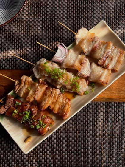 A platter of assorted yakitori, or grilled skewers. This selection includes savory grilled pork belly and chicken with spring onions, offering a taste of Japanese izakaya culture.