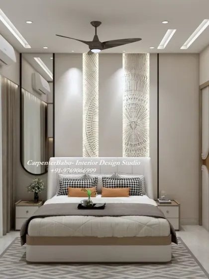A bedroom with a modern, graphic feel. The headboard wall features two backlit panels with a unique circular design, creating a bold and artistic statement.