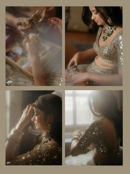 A collage of dreamy, light-filled images showing the bride getting ready. These artistic shots capture the quiet, intimate moments of preparation before the ceremony begins.