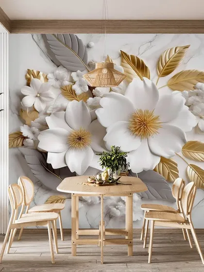 A stunning dining room wallpaper with 3D white flowers and golden leaves against a marble background. The design is both modern and luxurious.