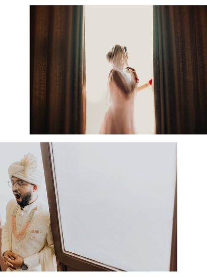 The anticipation before the ceremony. A candid of the groom yawning and a silhouette of the bride create a story of the real, human moments behind the grand event.