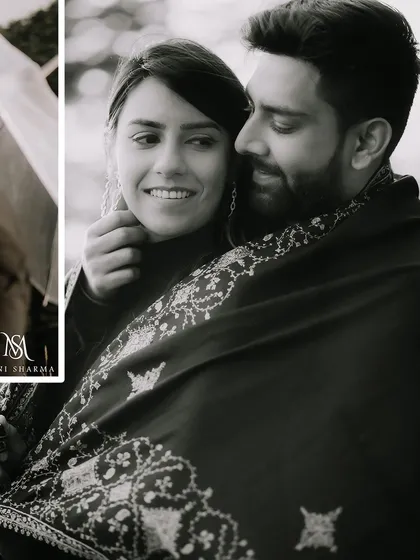 A tender black and white portrait from a Shimla pre-wedding shoot. The intricate shawl adds a beautiful texture and sense of warmth to this close-up, emotional moment.