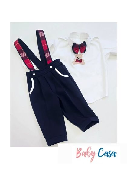 Simple and classy. This suspender set with a teddy bear patch and plaid bow tie is a timeless choice for any special occasion, offering a smart look without compromising on comfort.