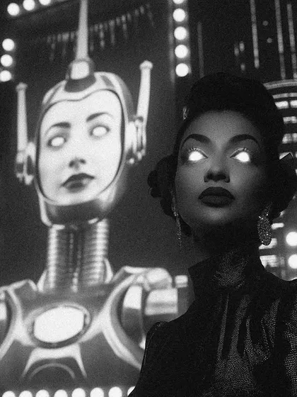 A woman with glowing eyes stands before a giant screen showing a female robot, in the city of 'Bombaytron'. This image explores themes of identity and doppelgangers in a noir setting.