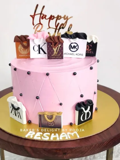 Another example of a small cake for a cozy celebration, this one is a fun shopping-themed design.